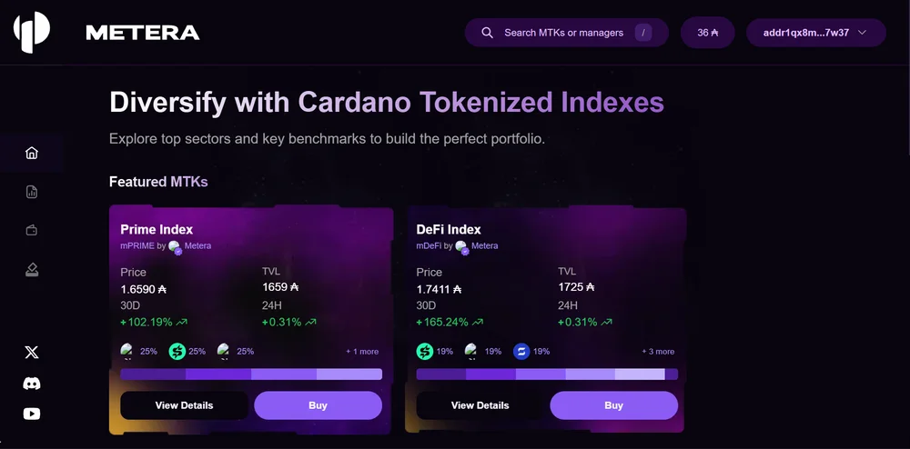 Metera Indexes dashboard showing Cardano index portfolios